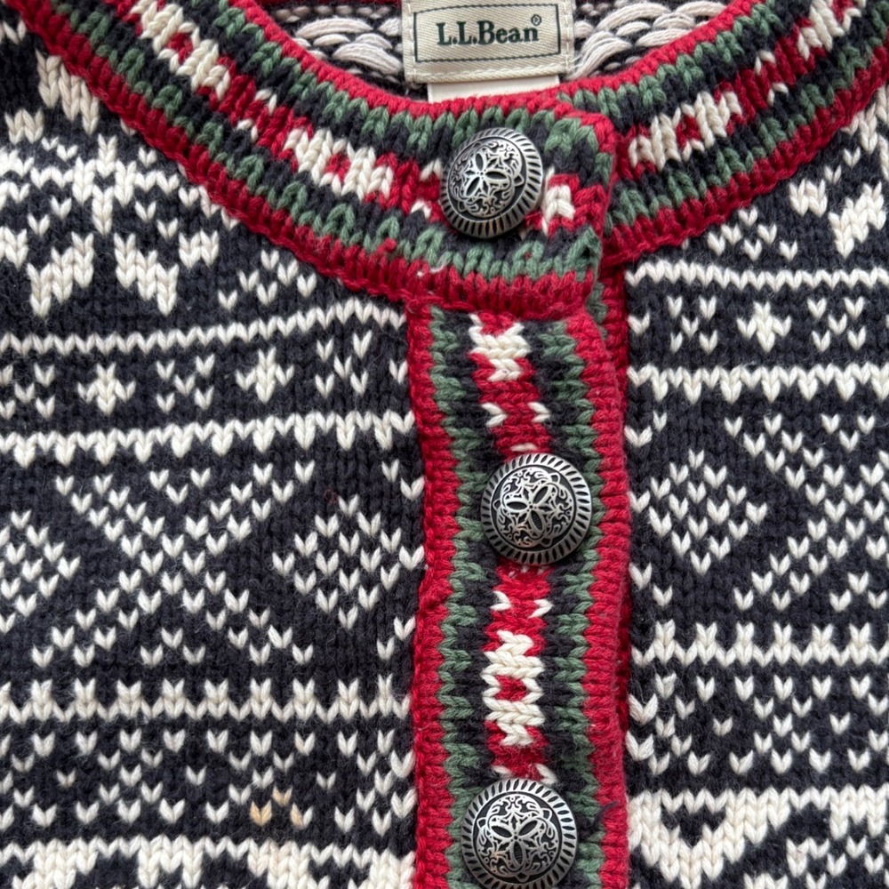 LL Bean VTG Nordic Fair Isle Sweater Womens Small Navy Blue Cotton Henley 0UF37 - Picture 2 of 8